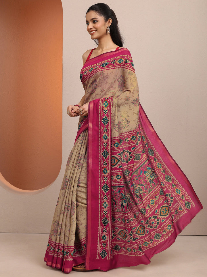 Beige Paisley Printed Silk Blend Saree With Unstitched Blouse Piece