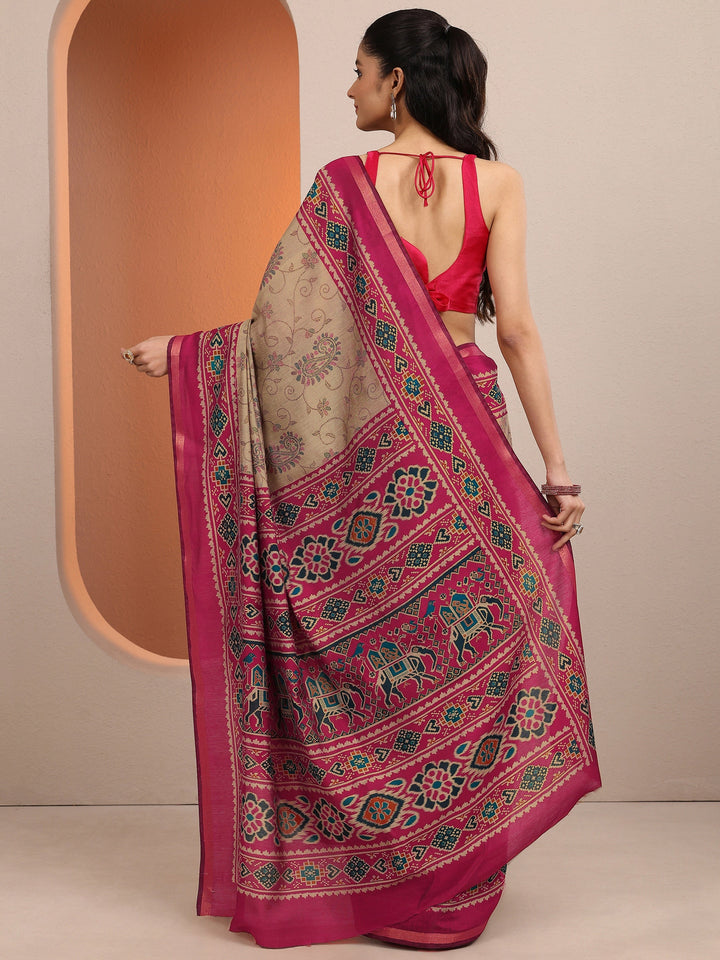 Beige Paisley Printed Silk Blend Saree With Unstitched Blouse Piece