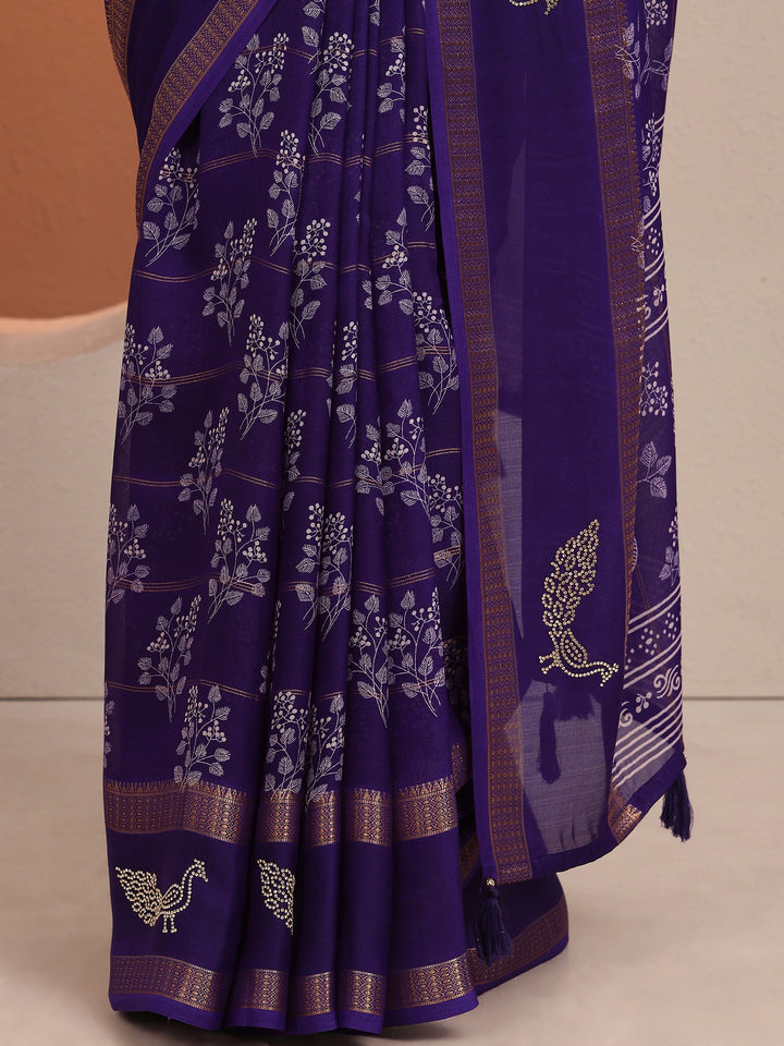 Purple Printed Silk Blend Saree With Unstitched Blouse Piece