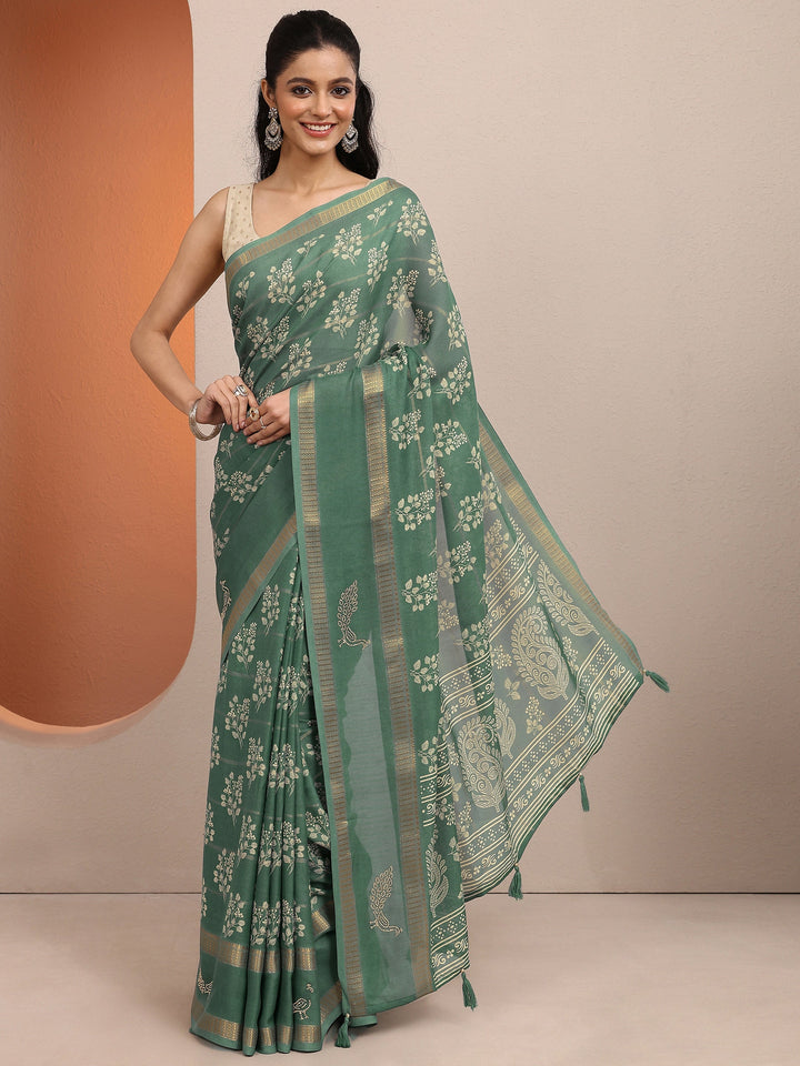 Green Printed Silk Blend Saree With Unstitched Blouse Piece