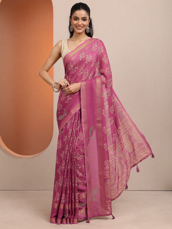 Mauve Printed Silk Blend Saree With Unstitched Blouse Piece