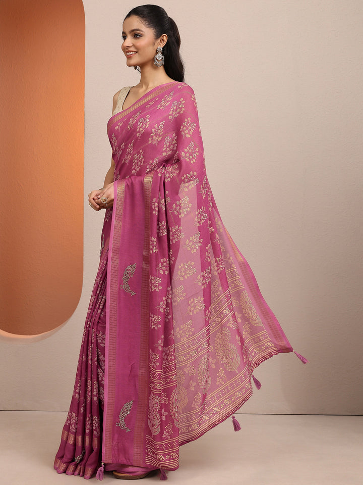 Mauve Printed Silk Blend Saree With Unstitched Blouse Piece
