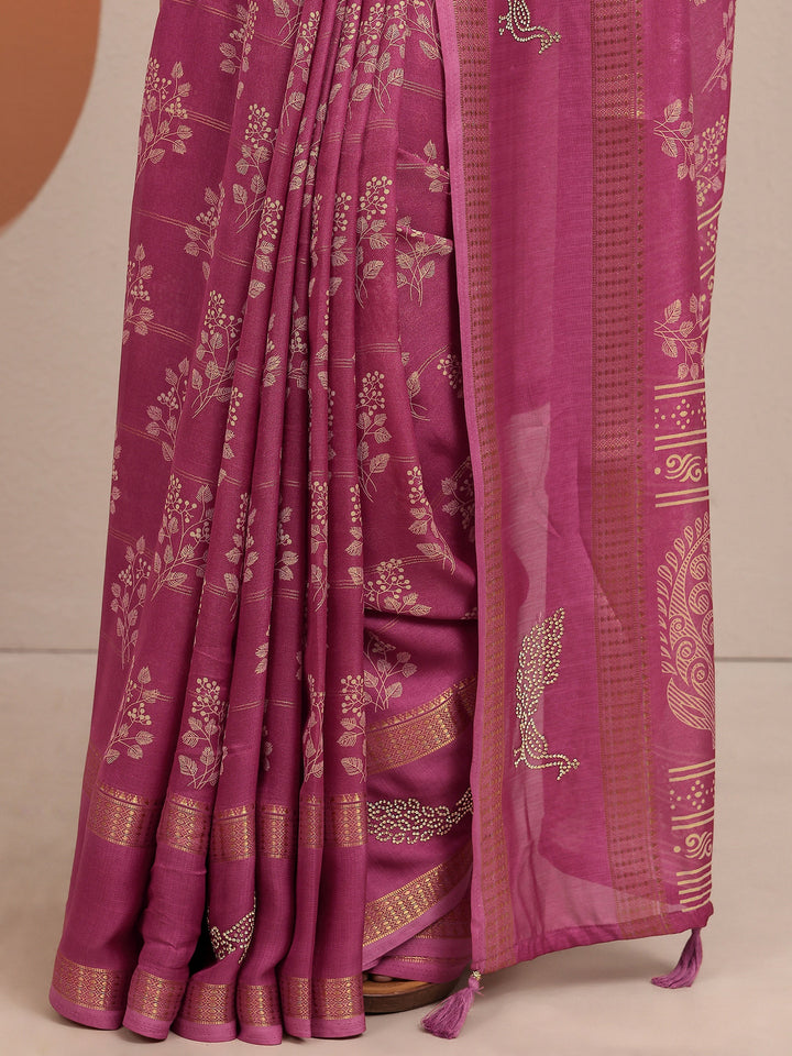Mauve Printed Silk Blend Saree With Unstitched Blouse Piece