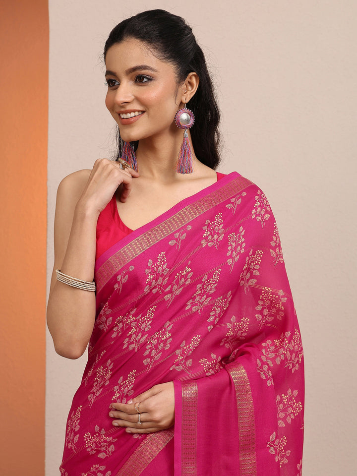 Pink Printed Silk Blend Saree With Unstitched Blouse Piece