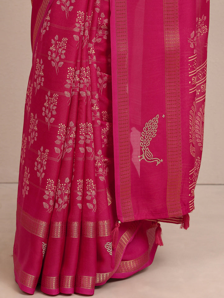 Pink Printed Silk Blend Saree With Unstitched Blouse Piece