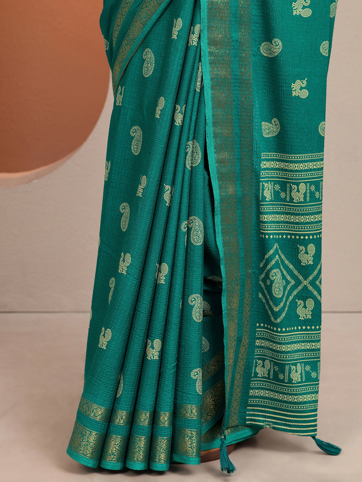 Green Paisley Printed Silk Blend Saree With Unstitched Blouse Piece
