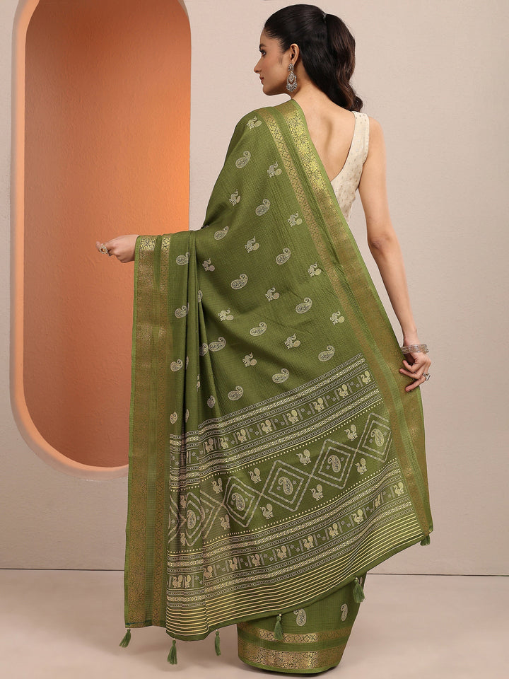 Olive Paisley Printed Silk Blend Saree With Unstitched Blouse Piece