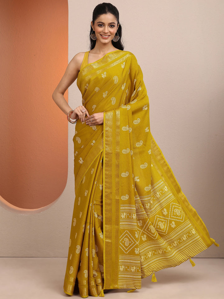 Mustard Paisley Printed Silk Blend Saree With Unstitched Blouse Piece