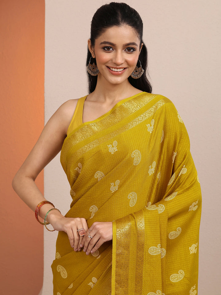 Mustard Paisley Printed Silk Blend Saree With Unstitched Blouse Piece