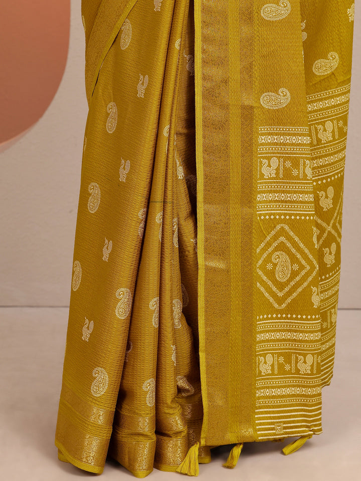 Mustard Paisley Printed Silk Blend Saree With Unstitched Blouse Piece