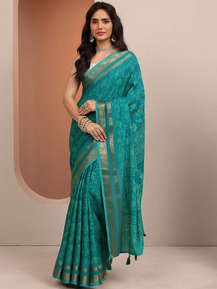 Blue Printed Silk Blend Saree With Unstitched Blouse Piece
