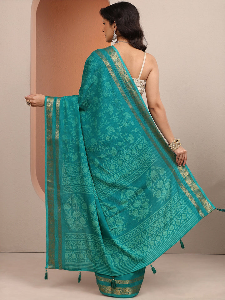 Blue Printed Silk Blend Saree With Unstitched Blouse Piece