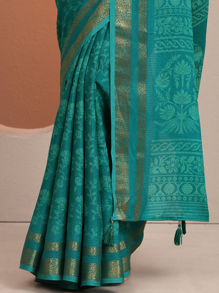 Blue Printed Silk Blend Saree With Unstitched Blouse Piece