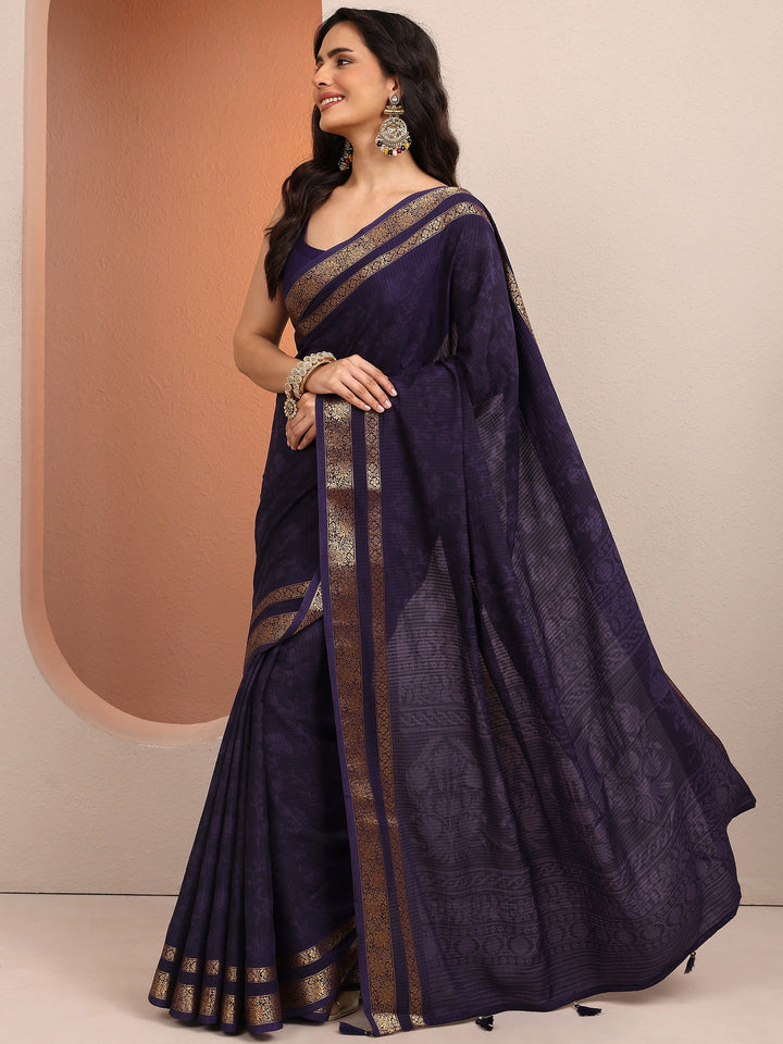 Purple Printed Silk Blend Saree With Unstitched Blouse Piece