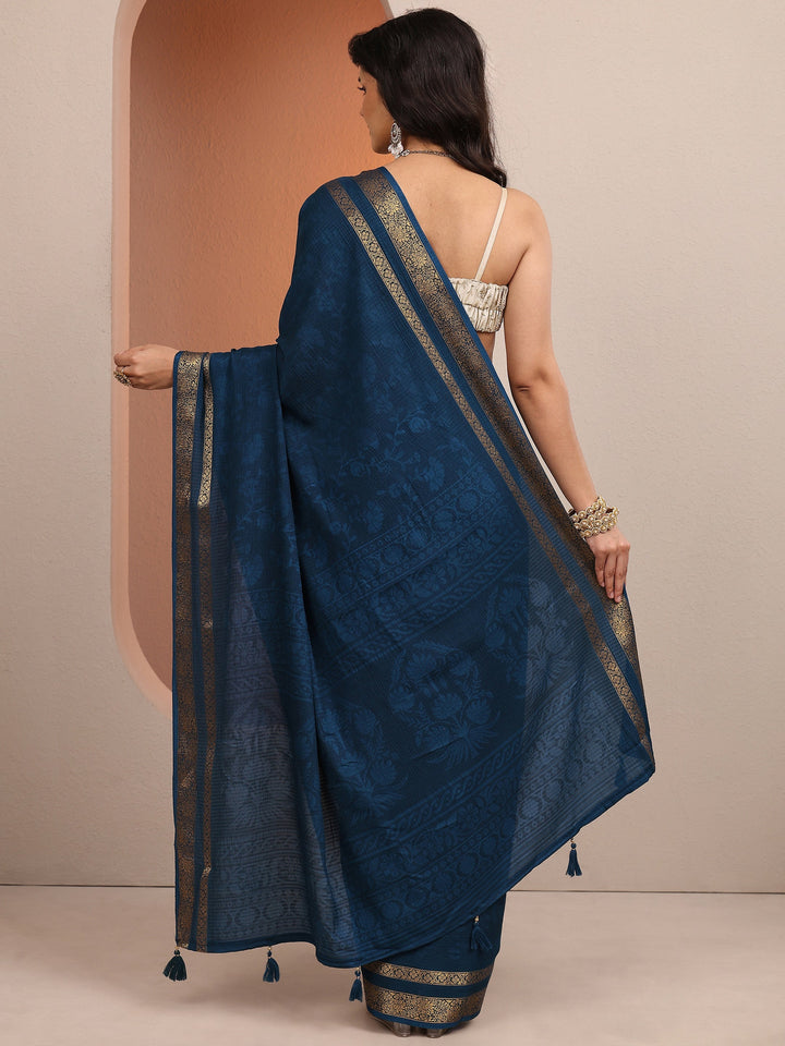 Navy Blue Printed Silk Blend Saree With Unstitched Blouse Piece
