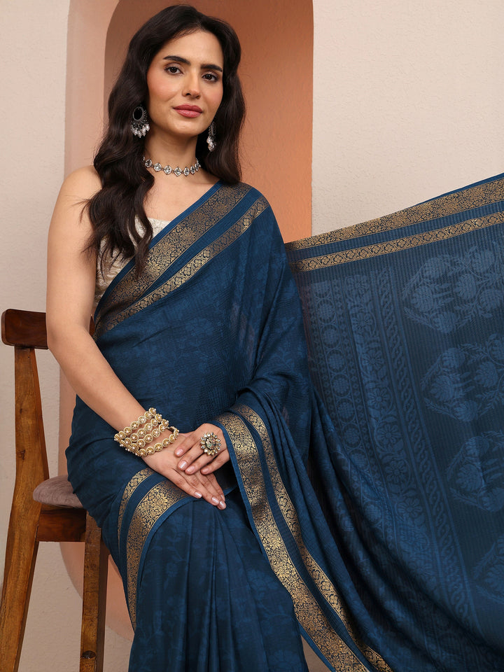 Navy Blue Printed Silk Blend Saree With Unstitched Blouse Piece