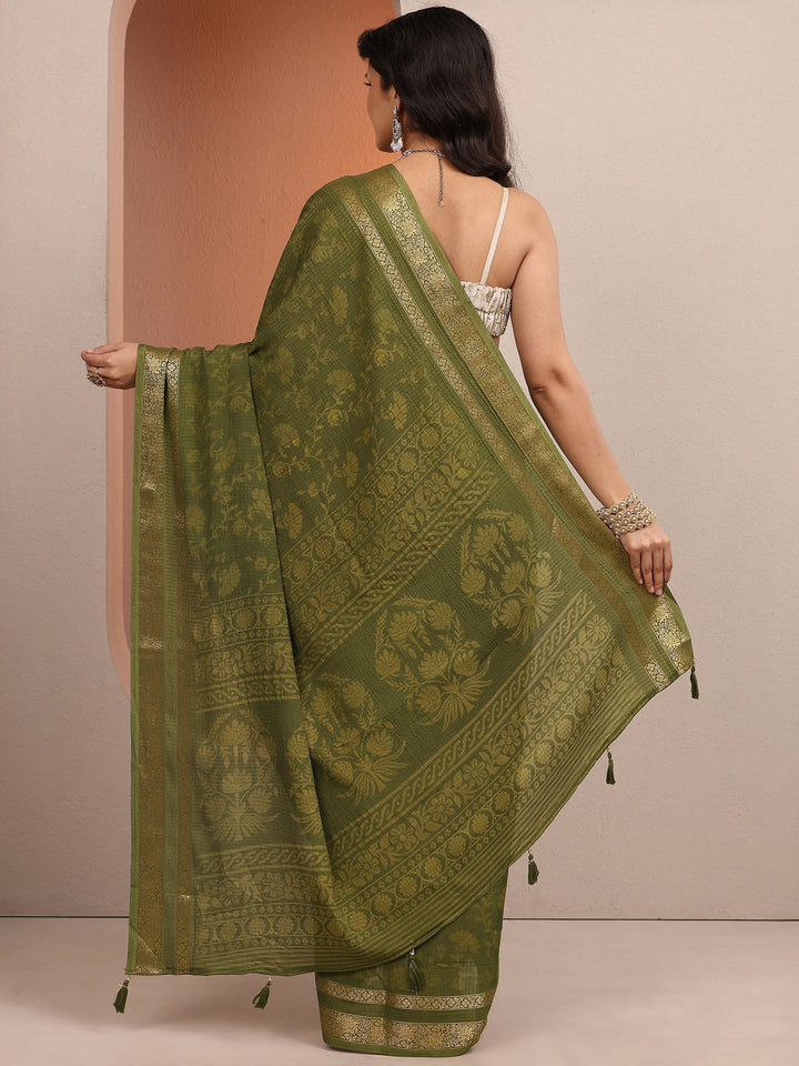 Green Printed Silk Blend Saree With Unstitched Blouse Piece
