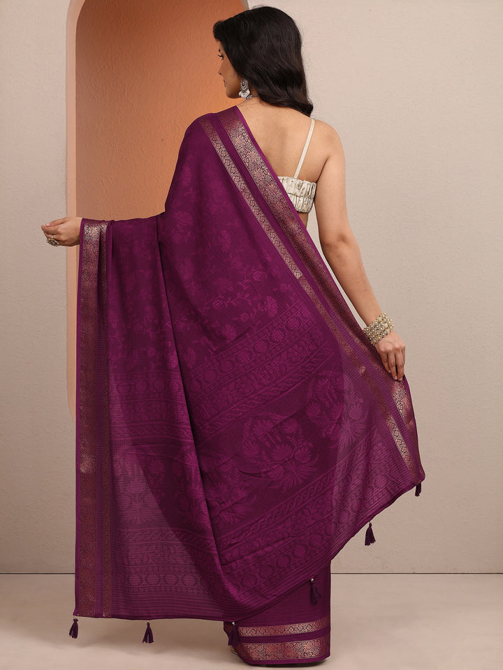 Burgundy Printed Silk Blend Saree With Unstitched Blouse Piece