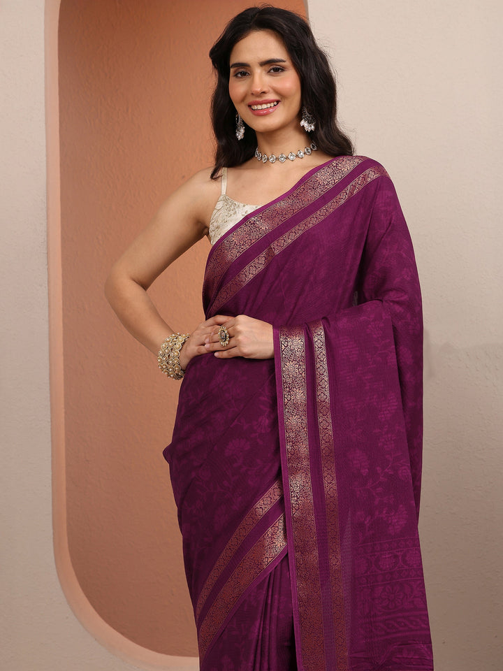 Burgundy Printed Silk Blend Saree With Unstitched Blouse Piece