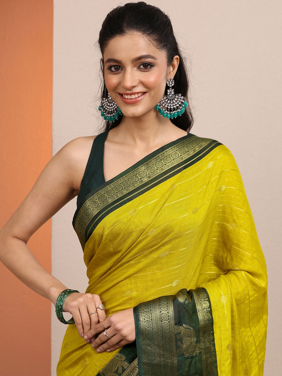 Lime Green Woven Design Banarsi Silk Blend Saree With Unstitched Blouse Piece