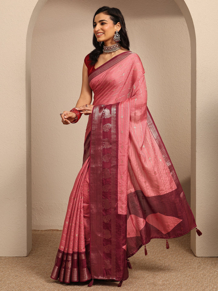 Coral Woven Design Silk Blend Saree With Unstitched Blouse Piece