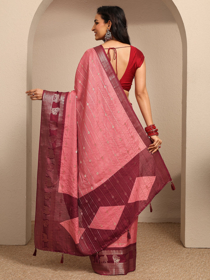 Coral Woven Design Silk Blend Saree With Unstitched Blouse Piece