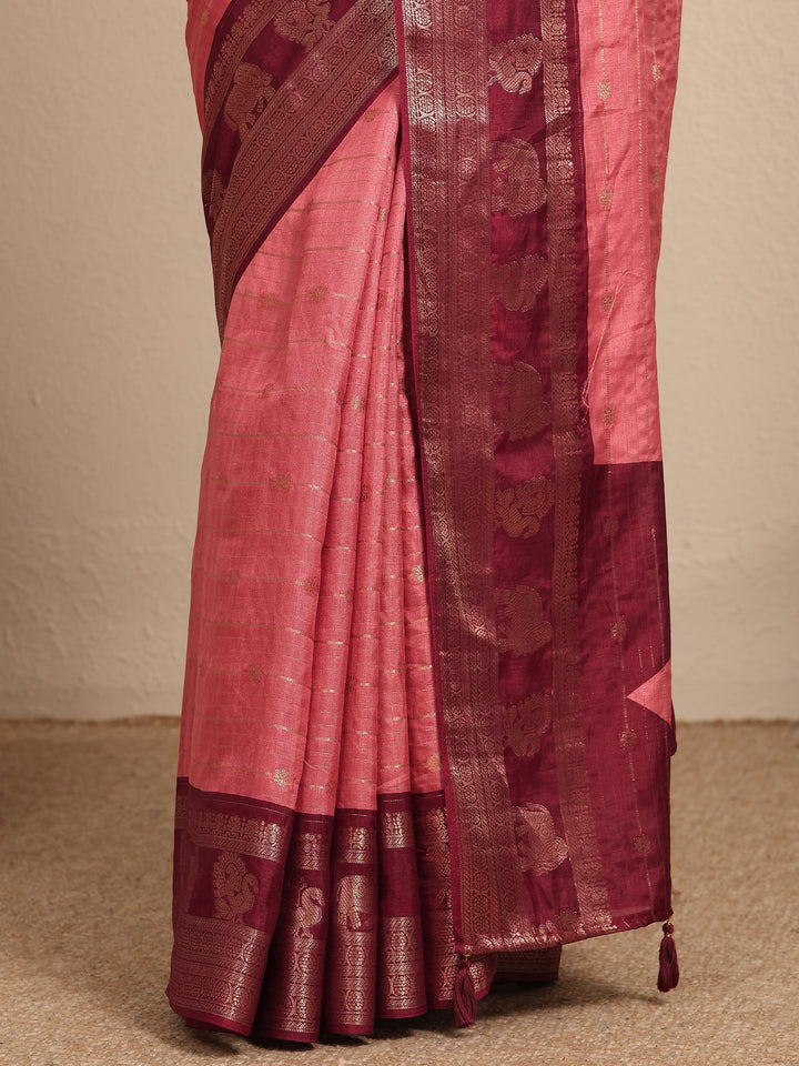 Coral Woven Design Silk Blend Saree With Unstitched Blouse Piece