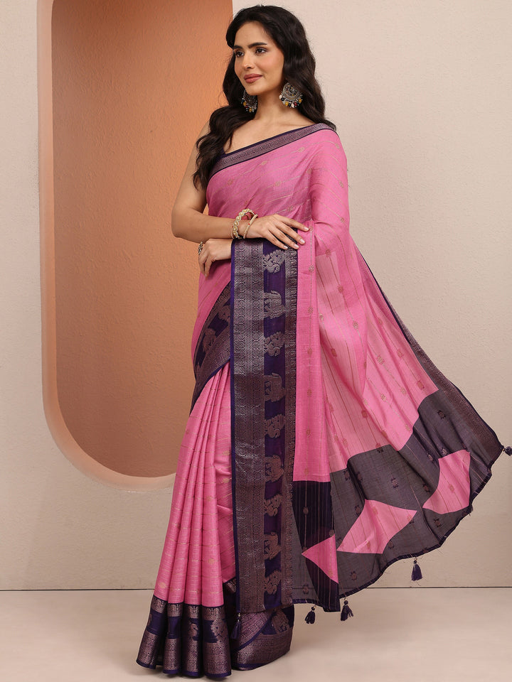 Pink Woven Design Banarsi Silk Blend Saree With Unstitched Blouse Piece