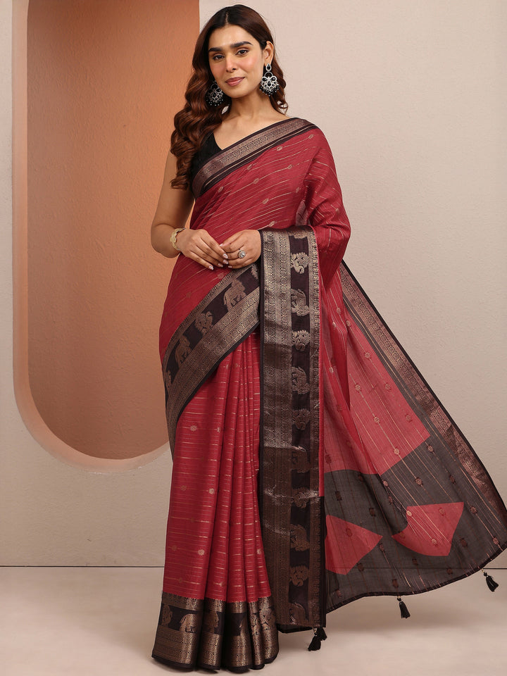 Red Woven Design Banarsi Silk Blend Saree With Unstitched Blouse Piece
