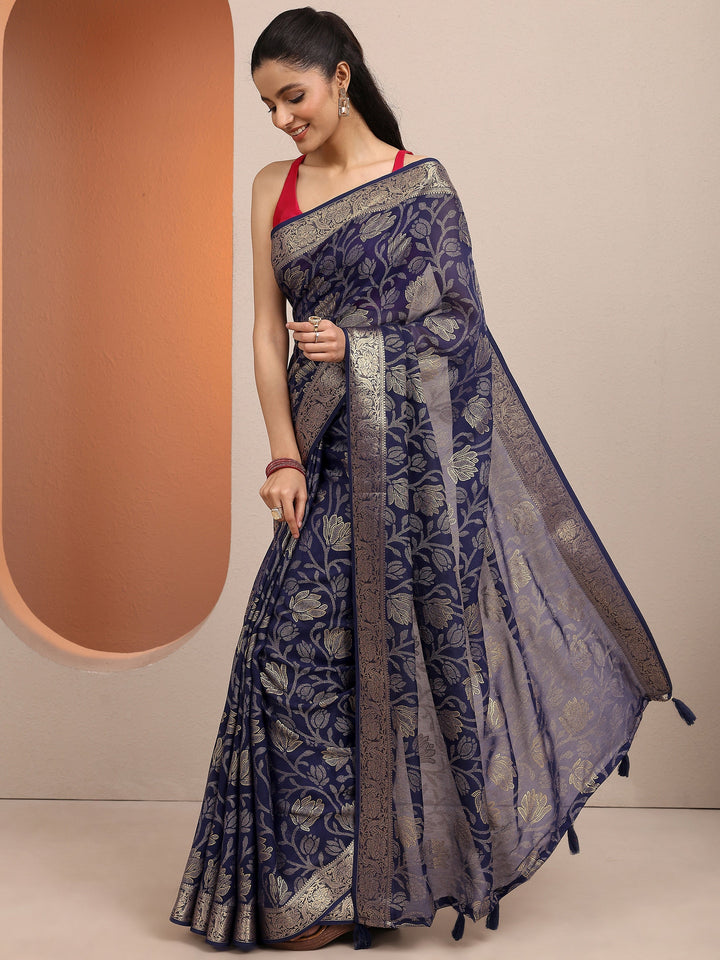 Navy Blue Woven Design Banarsi Silk Blend Saree With Unstitched Blouse Piece