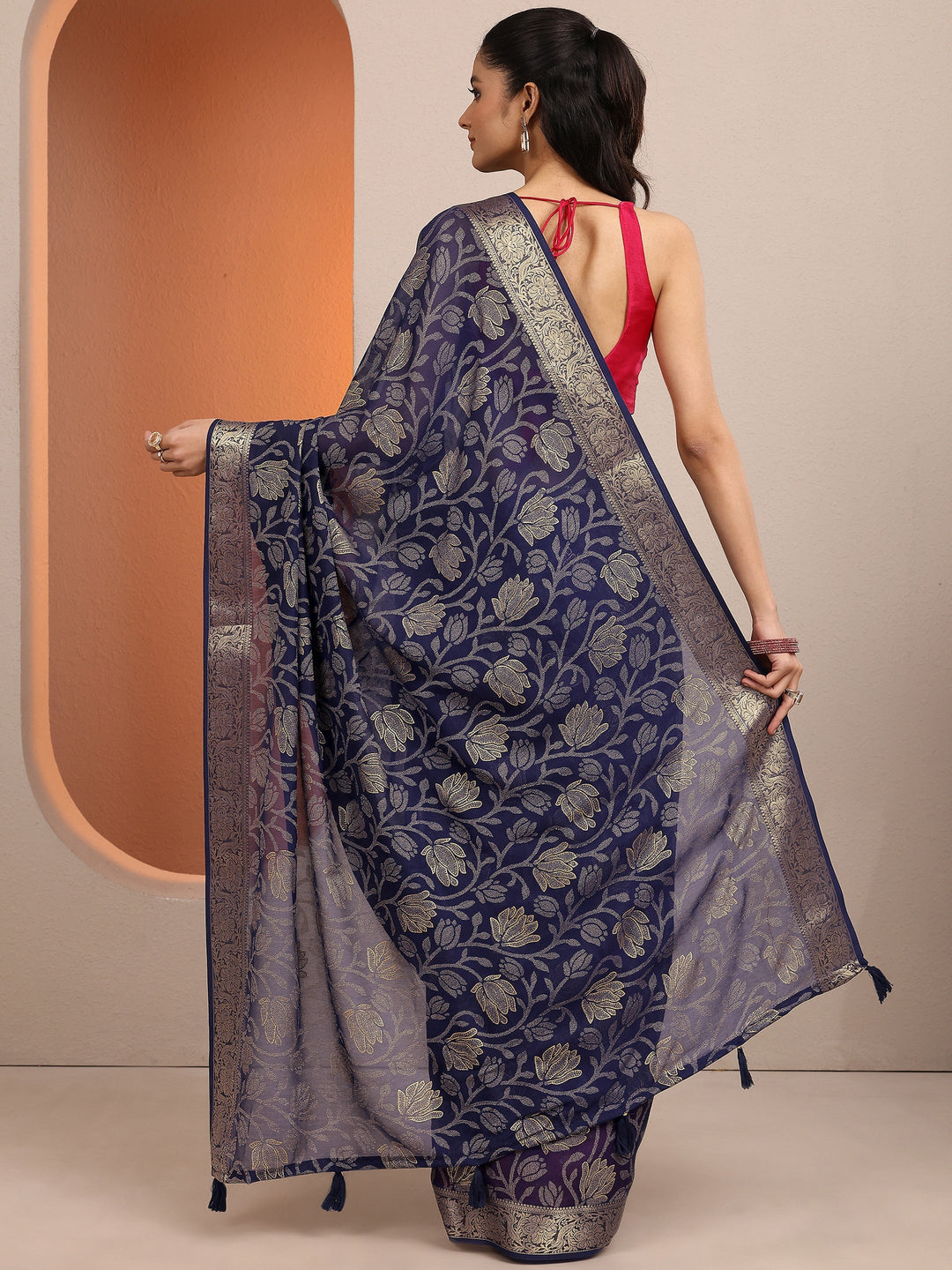 Navy Blue Woven Design Banarsi Silk Blend Saree With Unstitched Blouse Piece