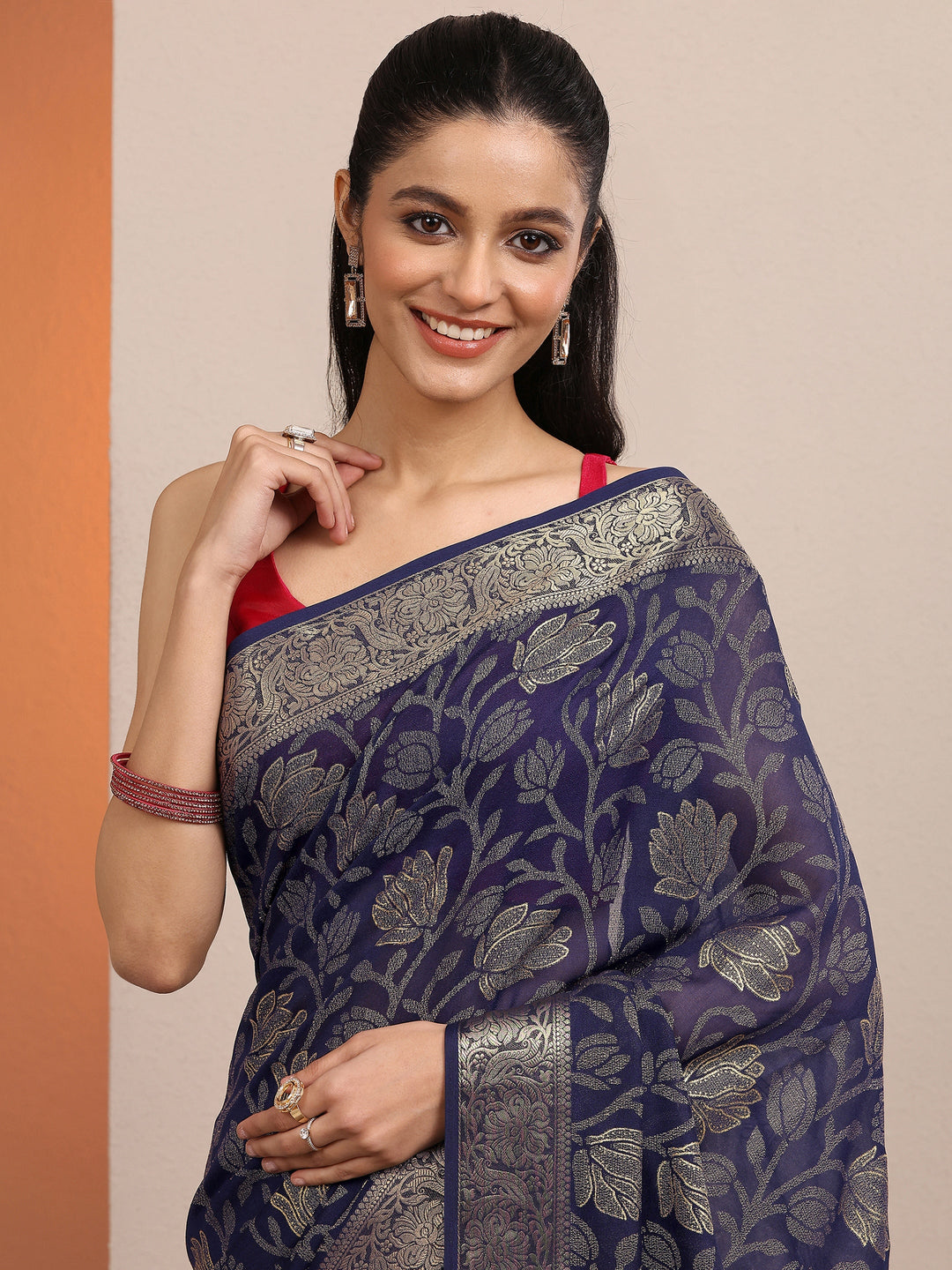 Navy Blue Woven Design Banarsi Silk Blend Saree With Unstitched Blouse Piece