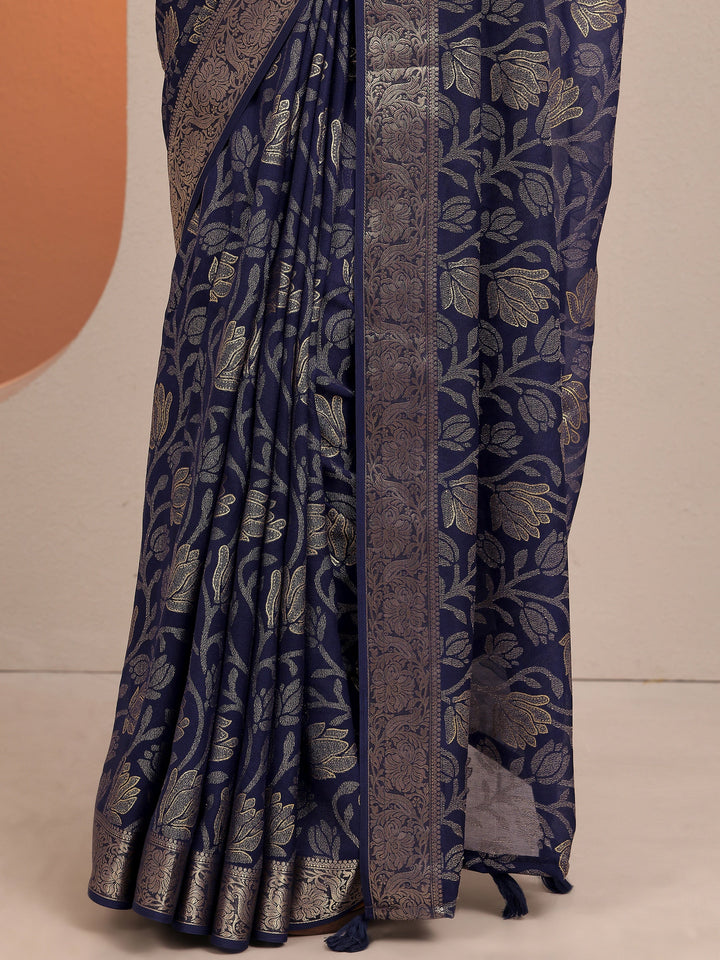 Navy Blue Woven Design Banarsi Silk Blend Saree With Unstitched Blouse Piece