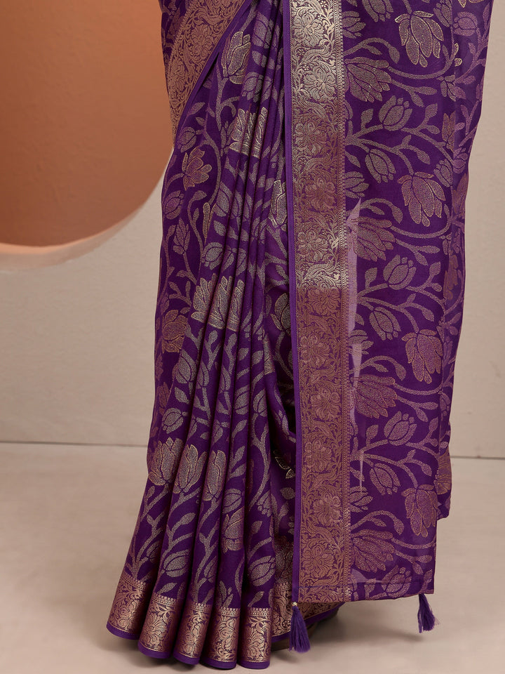Purple Woven Design Banarsi Silk Blend Saree With Unstitched Blouse Piece