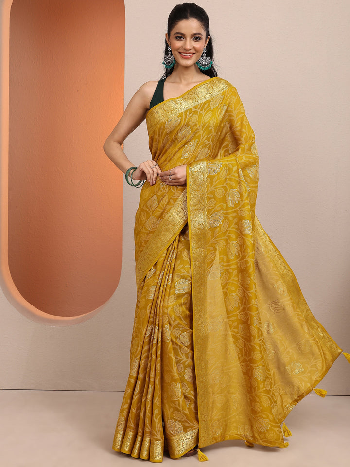 Mustard Woven Design Banarsi Silk Blend Saree With Unstitched Blouse Piece