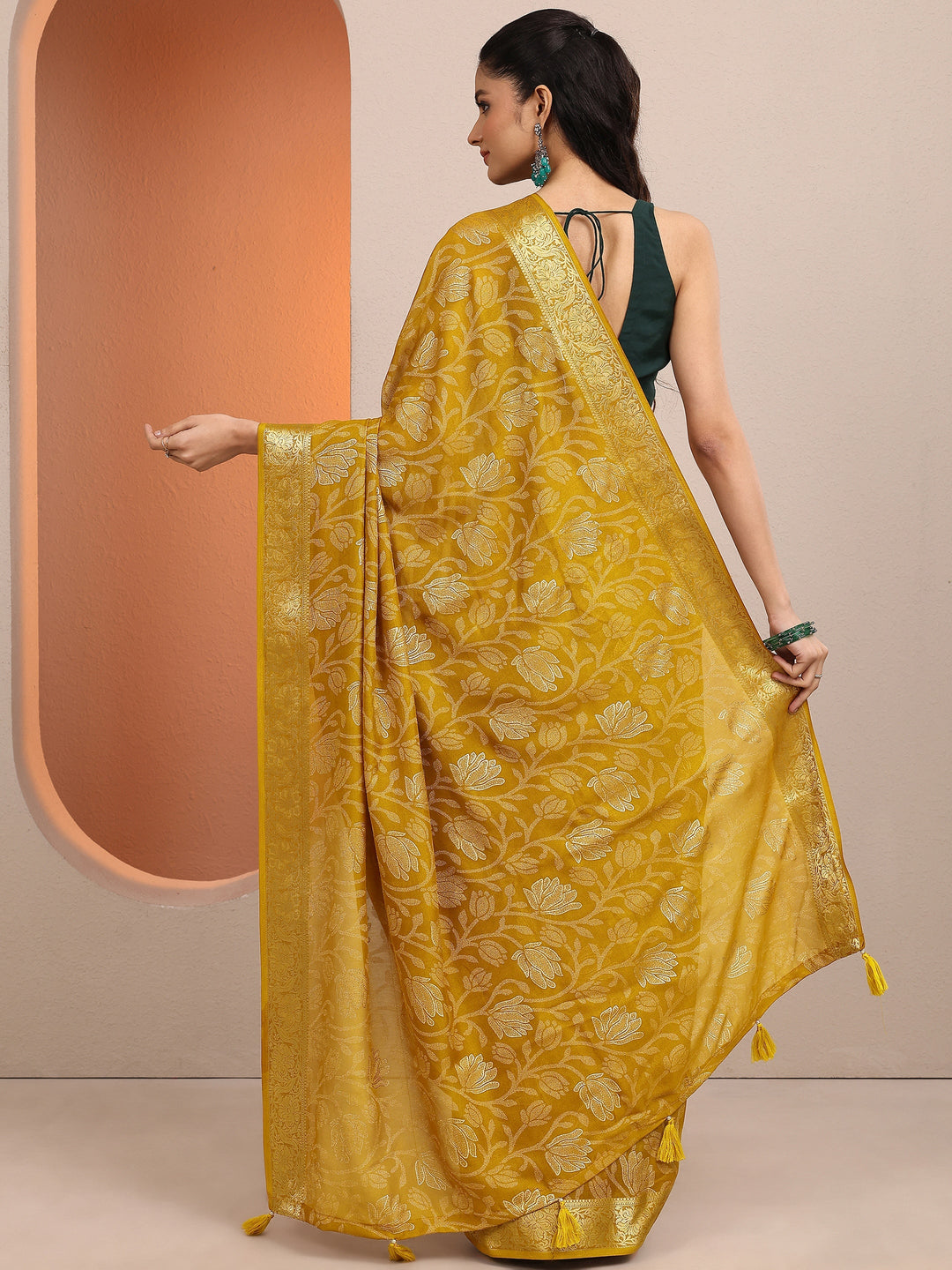 Mustard Woven Design Banarsi Silk Blend Saree With Unstitched Blouse Piece