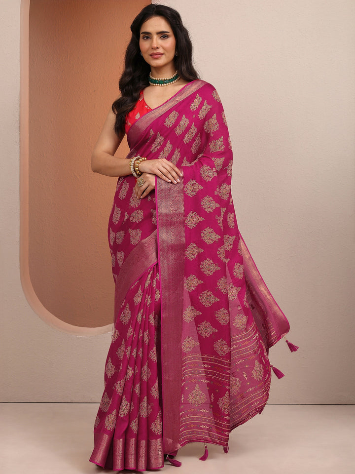 Pink Printed Silk Blend Saree With Unstitched Blouse Piece