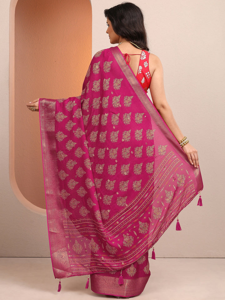 Pink Printed Silk Blend Saree With Unstitched Blouse Piece