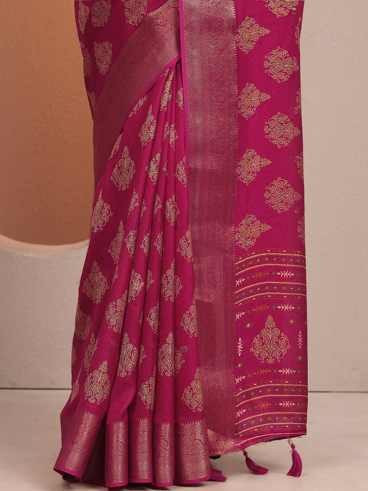 Pink Printed Silk Blend Saree With Unstitched Blouse Piece