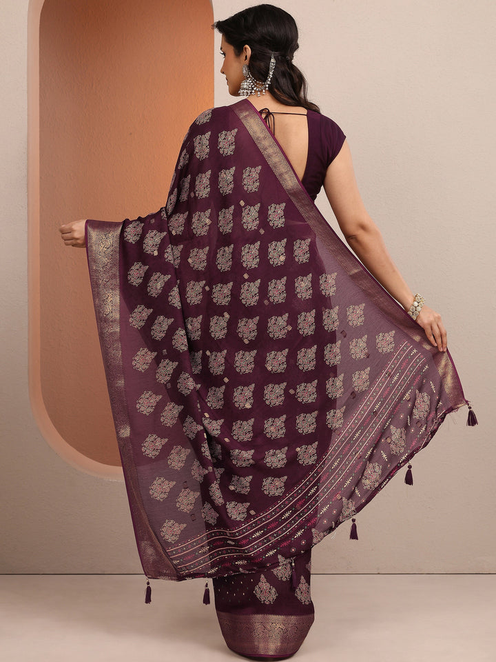 Maroon Printed Silk Blend Saree With Unstitched Blouse Piece