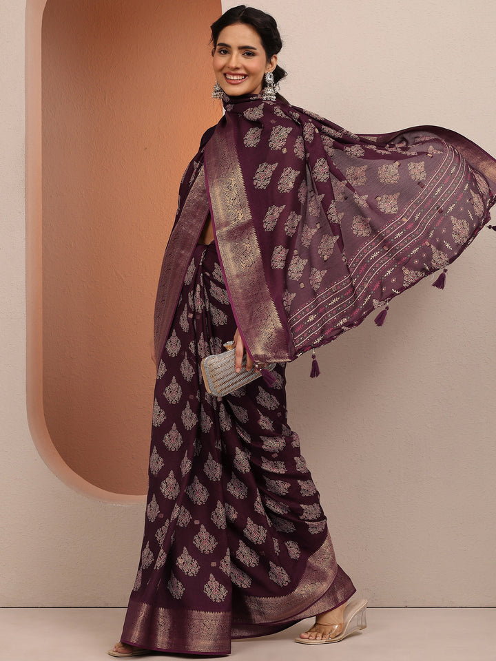 Maroon Printed Silk Blend Saree With Unstitched Blouse Piece