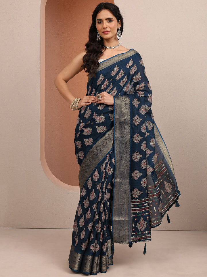 Navy Blue Printed Silk Blend Saree With Unstitched Blouse Piece