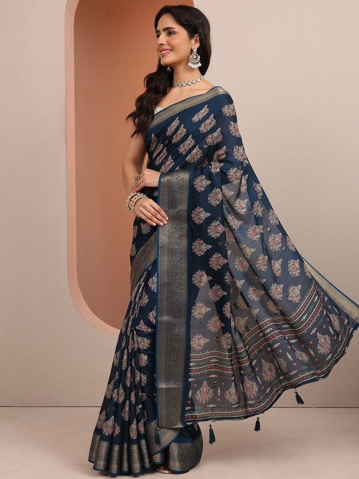 Navy Blue Printed Silk Blend Saree With Unstitched Blouse Piece