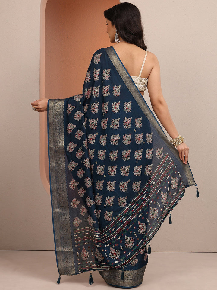 Navy Blue Printed Silk Blend Saree With Unstitched Blouse Piece