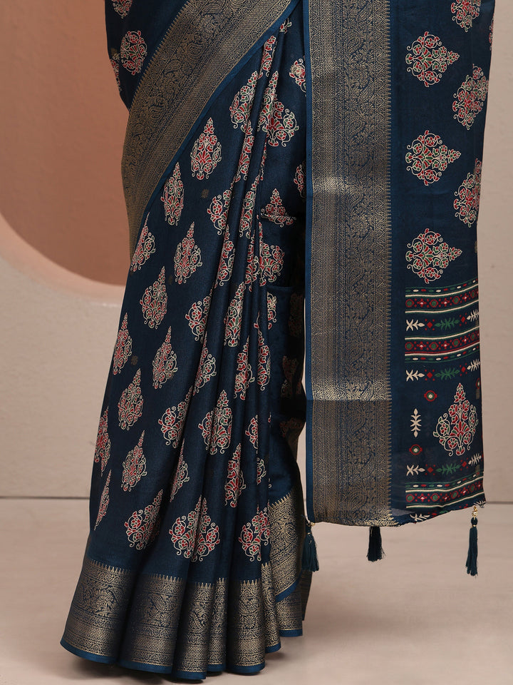 Navy Blue Printed Silk Blend Saree With Unstitched Blouse Piece