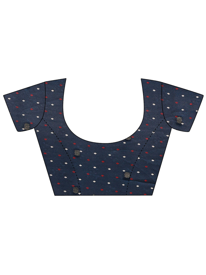 Navy Blue Printed Silk Blend Saree With Unstitched Blouse Piece