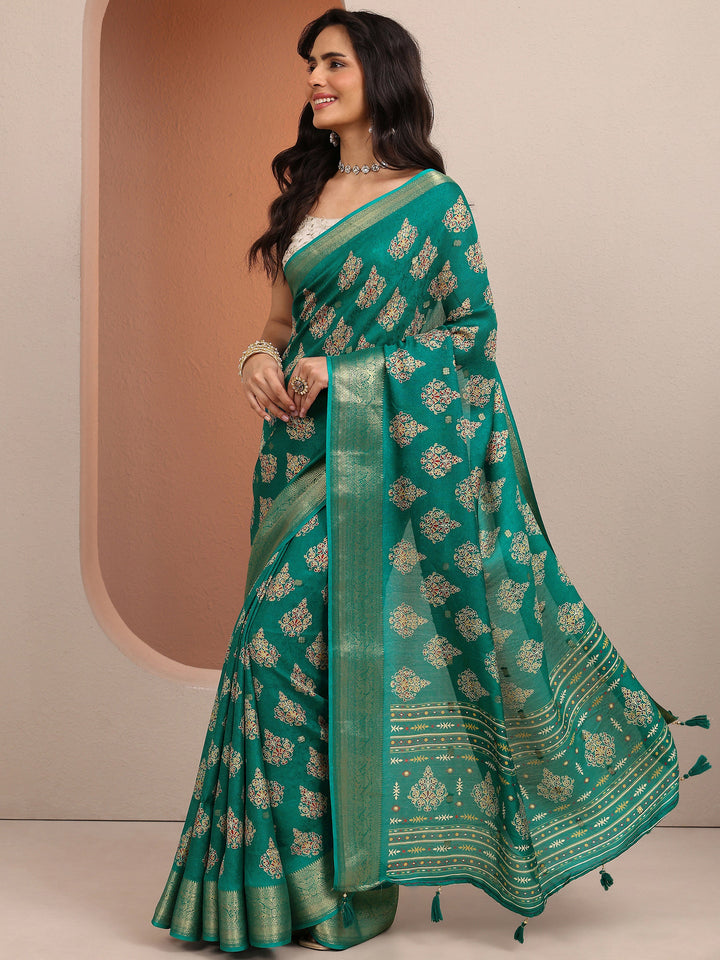 Green Printed Silk Blend Saree With Unstitched Blouse Piece