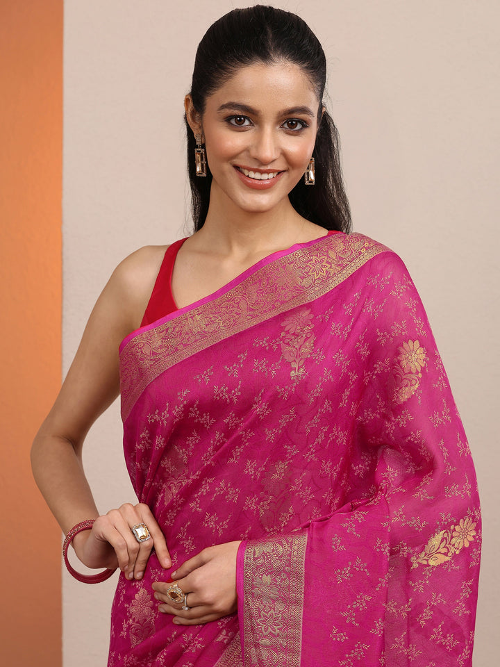 Pink Printed Silk Blend Saree With Unstitched Blouse Piece