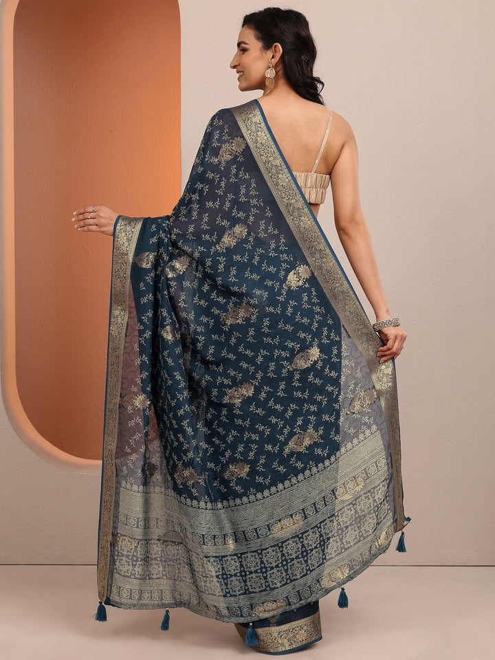 Blue Printed Silk Blend Saree With Unstitched Blouse Piece