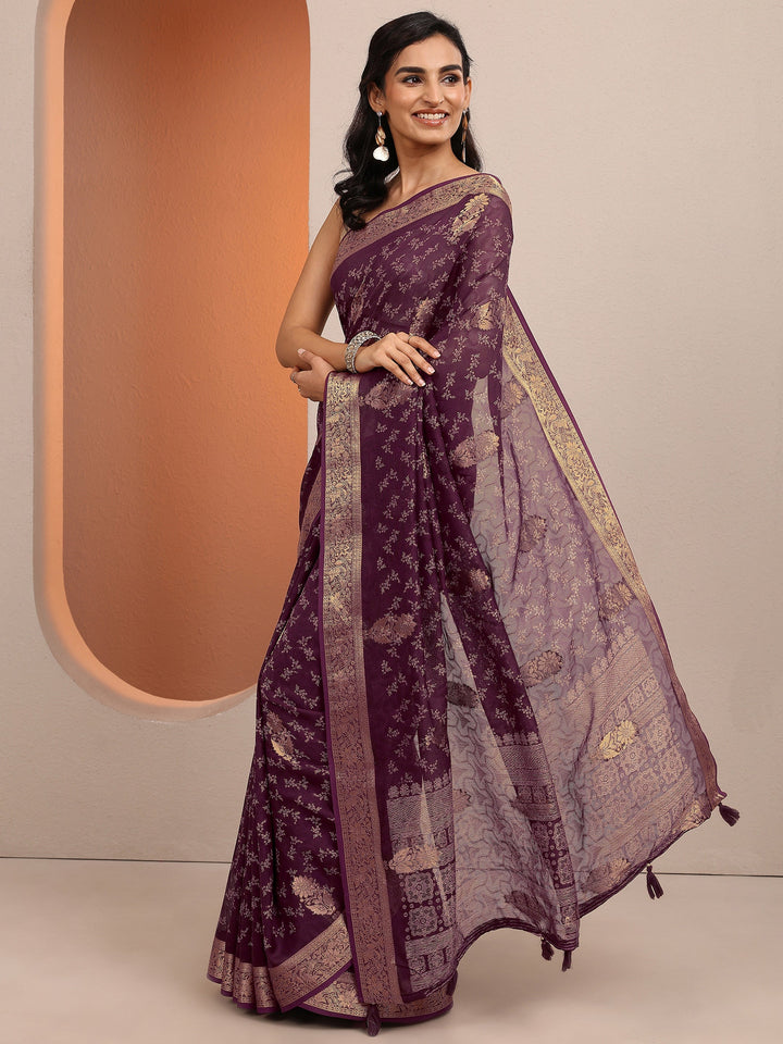 Burgundy Printed Silk Blend Saree With Unstitched Blouse Piece